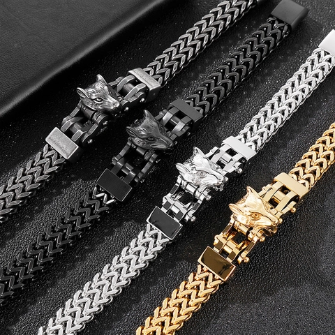Men Wolf Head Bracelet Stainless Steel Double Row Woven Chain Punk Gothic Biker Jewelry Mechanical Buckle Hip Hop Accessory