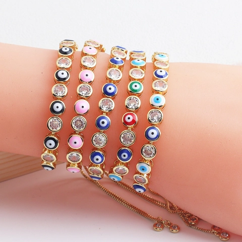 Evil Eye Bracelet Colorful Enamel Cubic Zirconia Copper Gold Plated Adjustable Slider Clasp Amulet Jewelry For Women