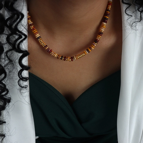 Natuursteen Kralen Ketting En Armband Voor Dames Handgemaakt Kleurrijk Boho Stijl Titanium Staal Vintage Sieraden