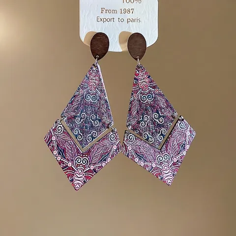 Orecchini Pendenti In Legno A Doppio Rombo Con Motivo Etnico Boho Con Perno In Argento Sterling 925 Per Donna