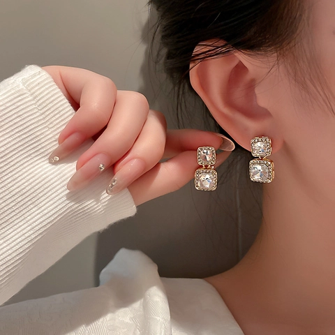 Orecchini Pendenti Quadrati Zircone Lega Doppio Strato Geometrico Con Perno Argento Sterling 925 Elegante Moda Donna