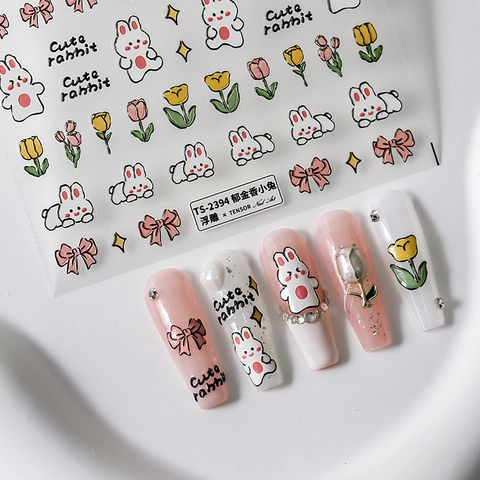 3D Relief Nagelaufkleber Dünne Transparente Klebebilder Süße Cartoon Tulpe Hase Kaninchen Schleife Floral Dekor