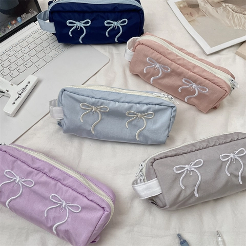 Grote Capaciteit Etui Esthetiek Boog Borduurwerk Briefpapier Tas Met Handvat Canvas Rits Zak Voor School Studenten