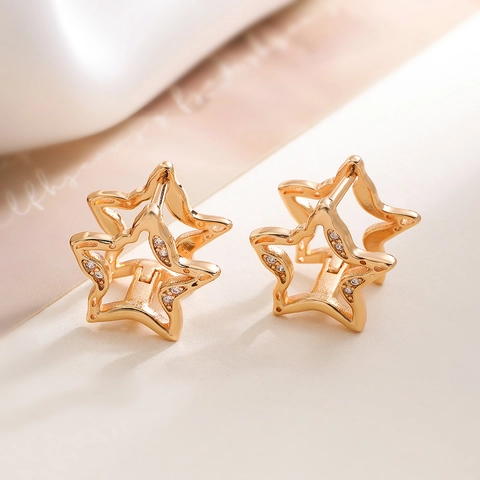 Orecchini A Cerchio Stella Rame Placcato Oro Zirconia Cubica Doppio Strato Cavo Geometrico Gioielli Moda Donne