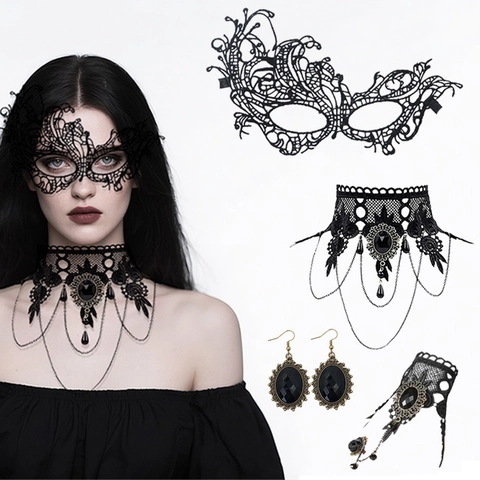 Maschera Di Pizzo Nero Gotico Collana Choker Orecchini Gemma Bracciale Anello Halloween Mascherata Accessori Per Feste