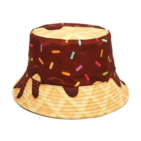 Reversible Bucket Hat Polyester Creative Donut Waffle Print Double Sided Sun Protection Outdoor Travel Fisherman Hat Novelty