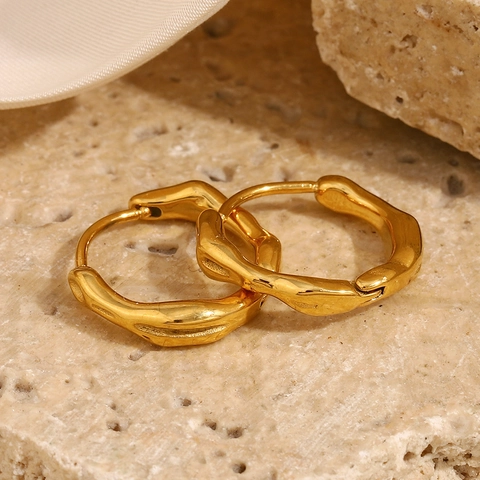 Irregular Round Hoop Earrings 18K Gold Plated Stainless Steel Textured Lava Minimalist Geometric Vintage Accessories