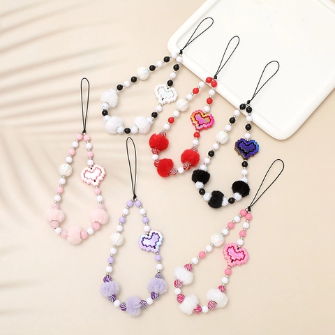 Handmade Beaded Phone Charm With Plush Balls Pixel Heart Pendant Fashion Anti-Drop Wrist Lanyard Tech Accessories For Women