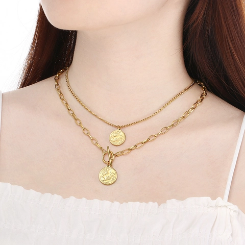 Stainless Steel Gold Pendant Necklace Retro Elizabeth Coin Bow Knot Striped Heart Layered Jewelry For Women