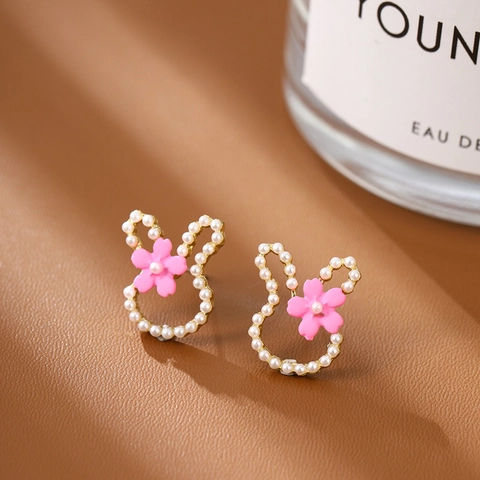 Cute Rabbit Stud Earrings With Imitation Artificial Pearl And Flower Alloy Jewelry With 925 Sterling Silver Earring Post