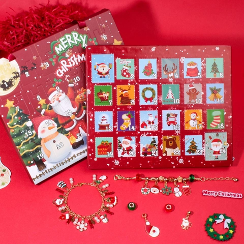 Kerst Adventskalender Sieraden Maken Kit Voor Kinderen Meisjes DIY Armband Set Met Legering Bedeltjes Kerstboom Sneeuwpop Kralen Rode Cadeaudoos