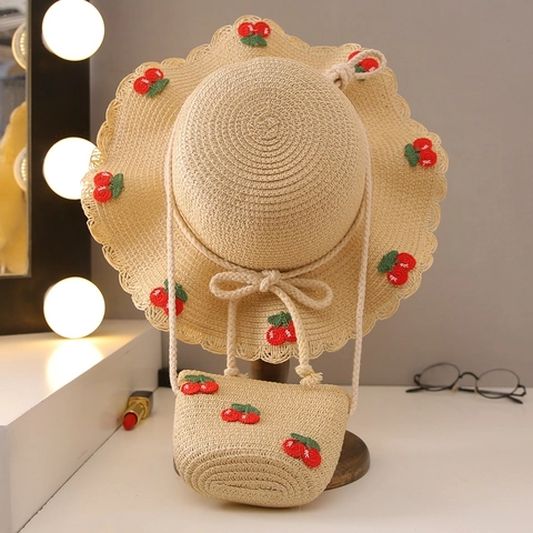 Girls Straw Sun Hat And Mini Crossbody Bag Cherry Embroidery Wavy Brim Summer Beach Vacation Breathable