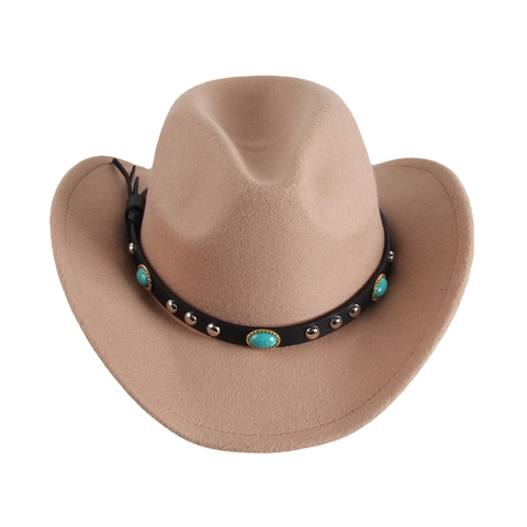 Vintage Western Cowboyhut Für Damen Wollfilz Fedora Mit Türkis Ledergürtel Nieten Herbst Winter Warmer Jazzhut