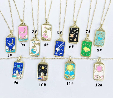 Tarot Card Pendant Necklace Copper 18K Gold Plated Enamel Dripping Oil Bohemian Astrology Jewelry Unisex