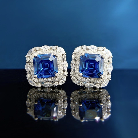 925 Sterling Silver Earring Post Royal Blue Square Emerald Cut Stud Earrings With Rhinestone Halo For Women Luxury Jewelry