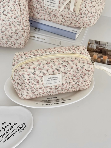 Gesteppte Cord-Kulturtasche Mit Blumenmuster Reise-Kosmetikbeutel Tragbare Aufbewahrungstasche Frischer Stil