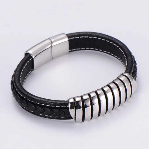 Pulsera De Cuero Trenzado Para Hombre Con Cierre Magnético De Acero Inoxidable Estilo Punk Negro Y Plata