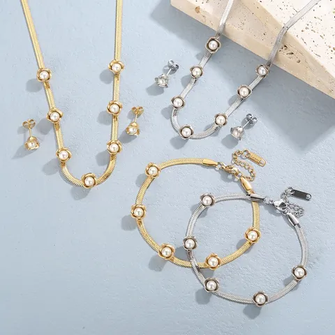 Vintage Stainless Steel Necklace Bracelet And Earrings Heart Round Artificial Pearl Herringbone Snake Chain Jewelry For Women