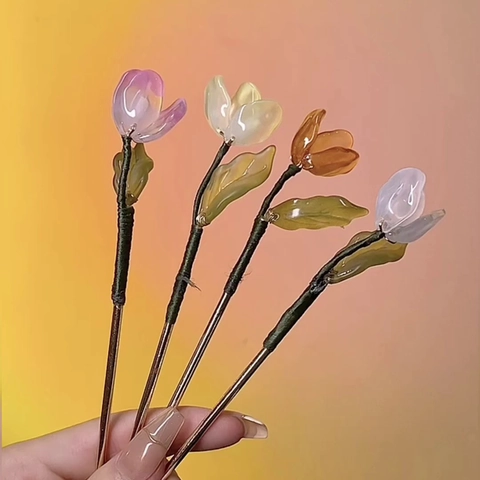 Haarspeld Acryl Tulp Vorm Oude Stijl Hanfu Accessoire Voor Dames Knot Kapsel Elegant Haarsieraad