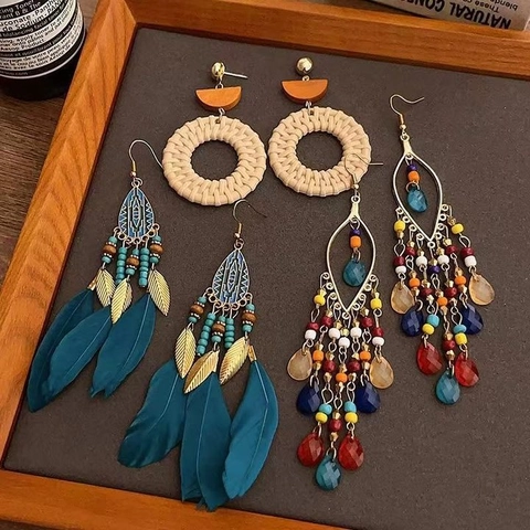 Bohemian Feather Tassel Earrings Ethnic Retro Alloy Beaded Drop Dangle Jewelry For Women With Silver Earring Post