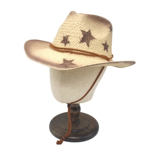 Western Cowboy Straw Hat Distressed Star Print Sun Protection Outdoor Travel Vintage Fedora With Chin Strap