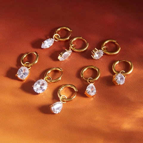 Luxury Gold Plated Stainless Steel Hoop Earrings With Zirconia For Women Minimalist Small Huggie Geometric Earrings Jewelry Gift
