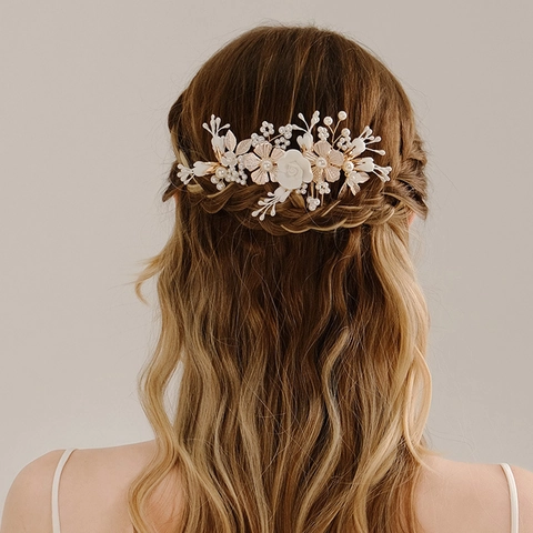 Elegante Peine De Pelo Para Novia Con Flores De Cerámica Hojas De Aleación Y Perlas Artificiales De Imitación Tocado De Boda Retro