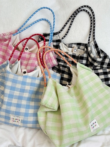 Grand Sac Cabas À Carreaux En Coton Et Lin Sac À Main Décontracté Avec Poignées En Corde Et Bouton Pression Pour Femme