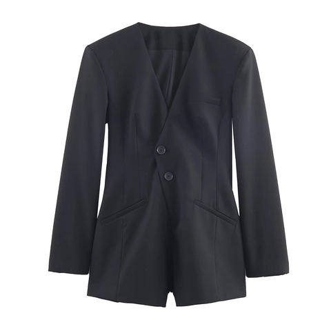 Dames Blazer Romper Lange Mouwen Double Breasted Diepe V Hals Polyester Geweven Playsuit Elegant Zwart Kort Jumpsuit