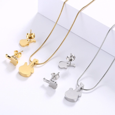 Collana Con Ciondolo A Chitarra E Orecchini In Acciaio Inossidabile Gioielli A Tema Musicale Minimalista Per Donne