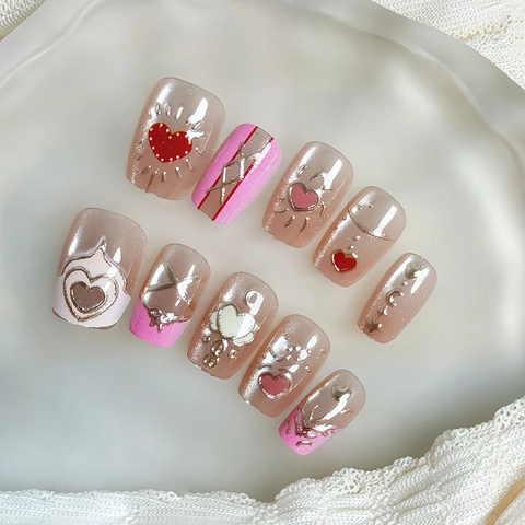 Handgefertigte Aufklebbare Nägel Katzenauge Herz Abnehmbare Künstliche Nägel Rosa Champagner Gold Glitzer Süßer Stil
