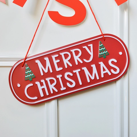 Merry Christmas Hanging Sign Metal Iron MDF Wood Door Wall Decor Red Festive Holiday Ornament For Home Window
