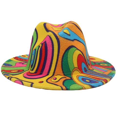 Colorful Graffiti Wool Felt Fedora Hat Wide Brim Abstract Pop Art Stage Performance Jazz Hat