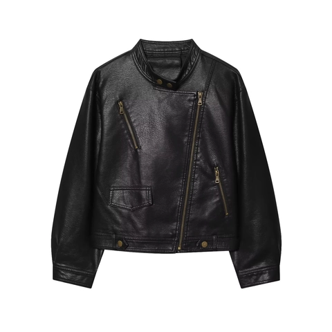 Women PU Leather Motorcycle Jacket Asymmetric Zipper Stand Collar Long Sleeve Biker Outwear Slim Casual