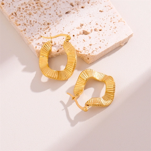 Boucles D'oreilles Créoles Vagues Irrégulières Acier Inoxydable Texture Dorée Bijoux Mode Pour Femmes