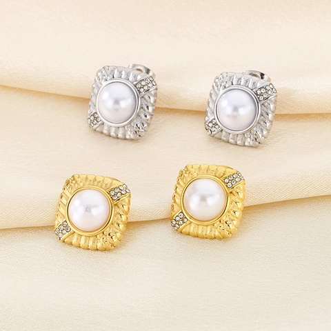 Boucles D'oreilles Künstliche Perles Strass Acier Inoxydable Style Français Géométrique Coquille Fleur Goutte Bijoux Pour Femmes