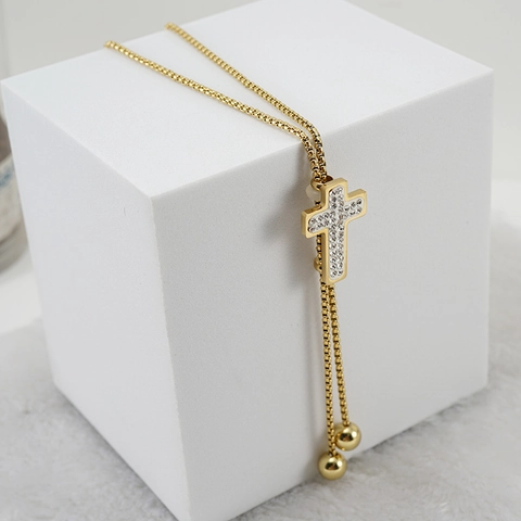 Collier Pendentif Croix Plaqué Or Acier Titane Strass Longue Chaîne Pull Réglable Religieux Mode Pour Femmes