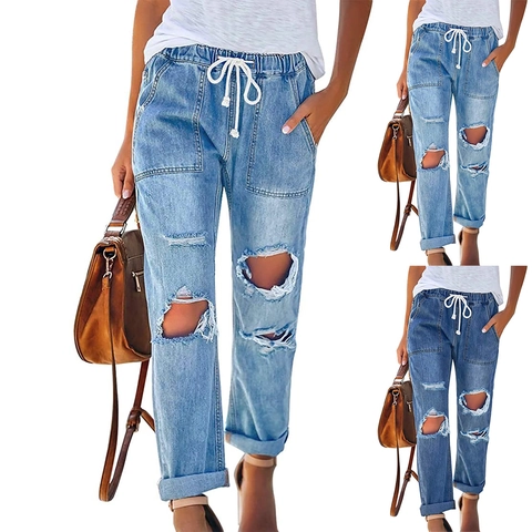 Women Casual Ripped Denim Jeans Elastic Drawstring Waist Loose Straight Distressed Washed Blue Cotton Denim Pants Trousers