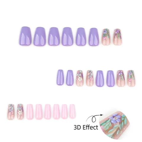 Press On Nails Ballerina Shape Floral Relief Design Purple Pink Reusable False Nails Art For Women Detachable Manicure
