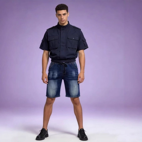 Men Denim Shorts Elastic Drawstring Waist Washed Distressed Casual Summer Streetwear Cotton Blend Five-Point Pants