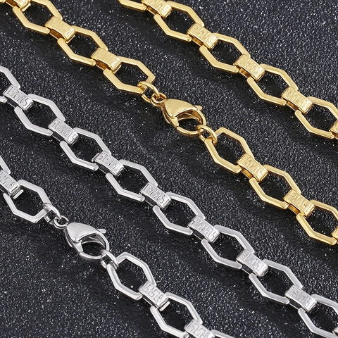 Collar Y Pulsera De Cadena Hexagonal Con Grabado De Greca Griega Acero Inoxidable Joyería Geométrica Moda Hip Hop Punk Unisex