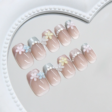 Handmade Cat Eye Press On Nails With 3D Daisy Flower Pearl Sweet French ABS Reusable False Nails For Women Daily Decor