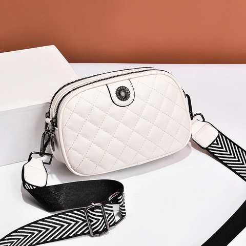 Women Quilted Rhombic PU Leather Crossbody Bag Double Zipper Multi Layer Wide Strap Elegant Casual Shoulder Camera Bag