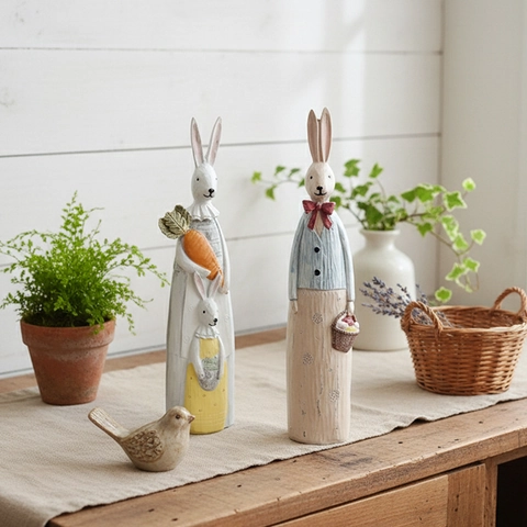 Vintage Resin Rabbit Figurines Wood Carving Effect Rustic Farmhouse Home Decor Easter Bunny Statues Animal Ornaments