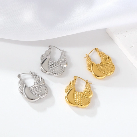 Orecchini in Stile Borsa Geometrici in Acciaio Inossidabile Vintage Francese Texture a Griglia Oro Argento Orecchini da Donna Gioielli