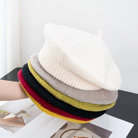 Women Knitted Beret Hat Solid Color Warm Winter Fall Painter Pumpkin Cap Acrylic Versatile Elegant