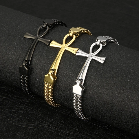Bracciale Croce Ankh Egizia Acciaio Inossidabile Doppia Fila Catena Intrecciata Hip Hop Punk Gioielli Uomo