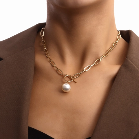 Collana Catena A Graffetta In Lega Vintage Con Ciondolo Perla Artificial Tonda E Chiusura A Levetta Moda Rétro Per Donna