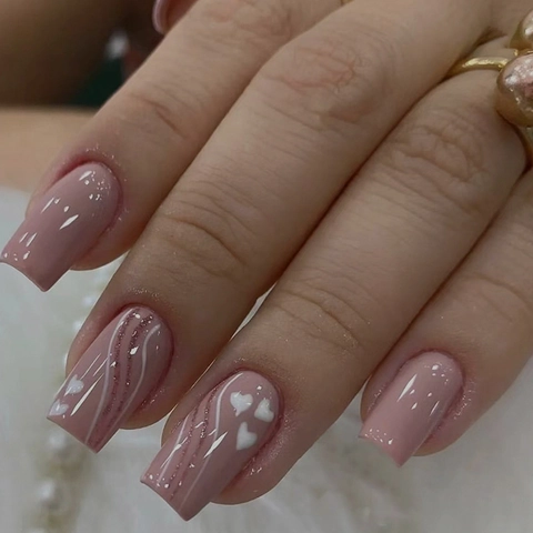 Press On Nails Pink Nude Lotus Root Heart Wavy Line Cute Glossy Detachable Fake Nails For Women