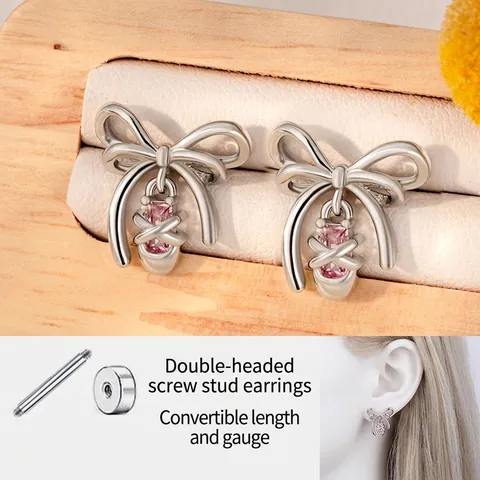 Bowknot Ballet Shoe Cartilage Piercing Stud Earring Stainless Steel Pink Zircon Sweet Girly Jewelry For Women